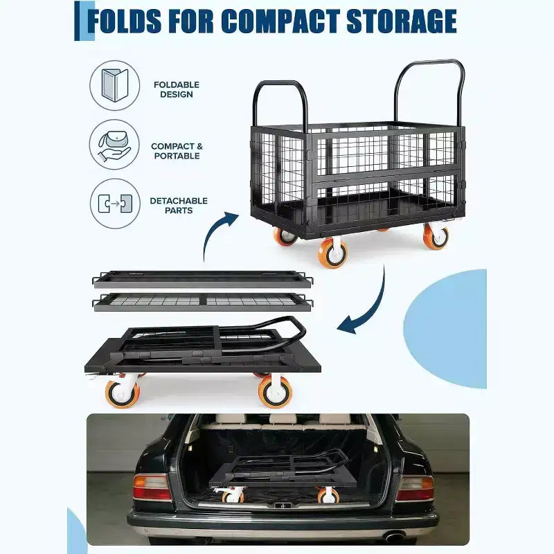 6-in-1 Truck Cart with Cage, Foldable Hand Truck Load 1800 with 4 Push Cart for Grocery, Laundry, Garage, Warehouse