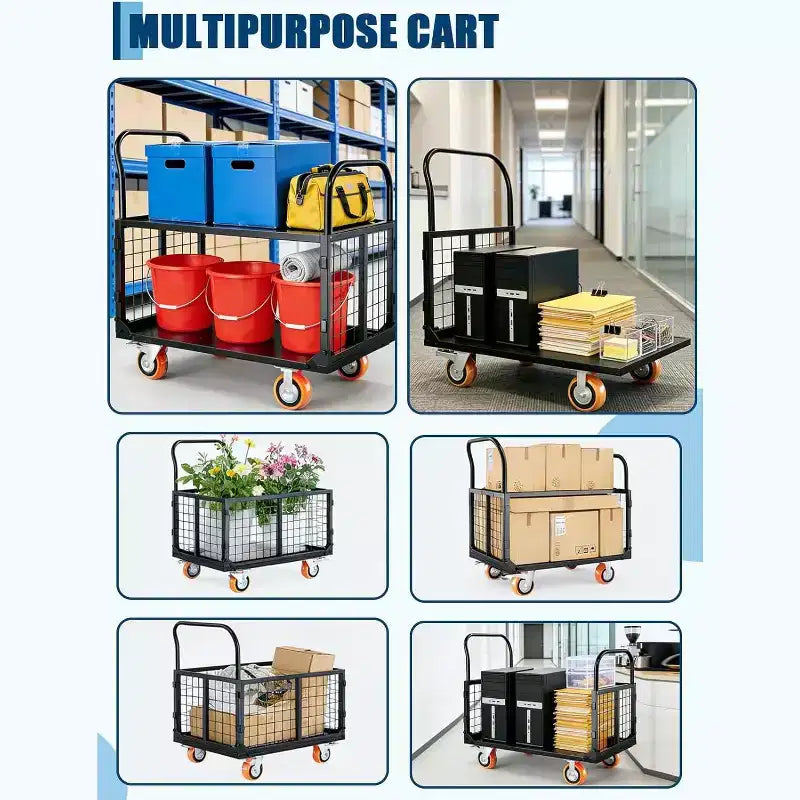 6-in-1 Truck Cart with Cage, Foldable Hand Truck Load 1800 with 4 Push Cart for Grocery, Laundry, Garage, Warehouse