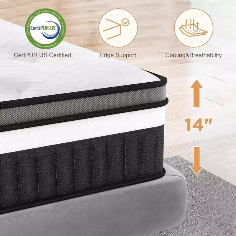 14 Inch Queen Mattress in a Box Hybrid, Medium Firm, Memory Foam and Individual Springs, Fiberglass Free Bed Matress, Breathable, CertiPUR-US