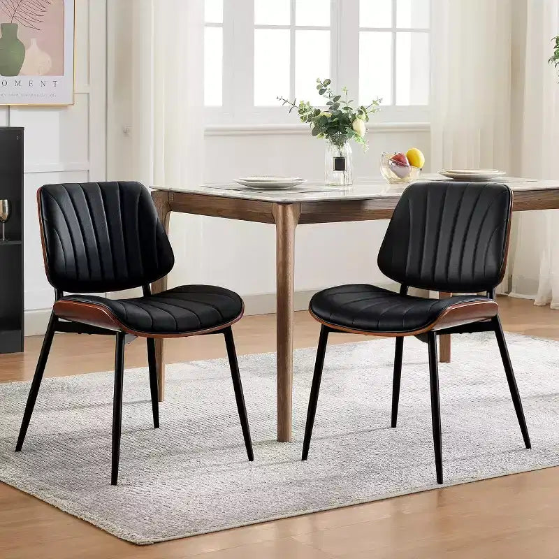Mid Century Modern Dining Chairs, Upholstered Leather Walnut Bentwood Metal Adjustable for Kitchen Dining Room