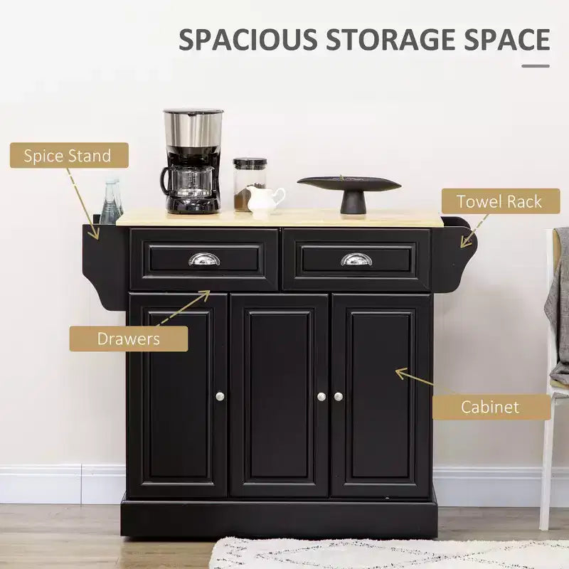Black Wood 17.8 in. Kitchen Cart with 3 Cabinet and 2 Drawers