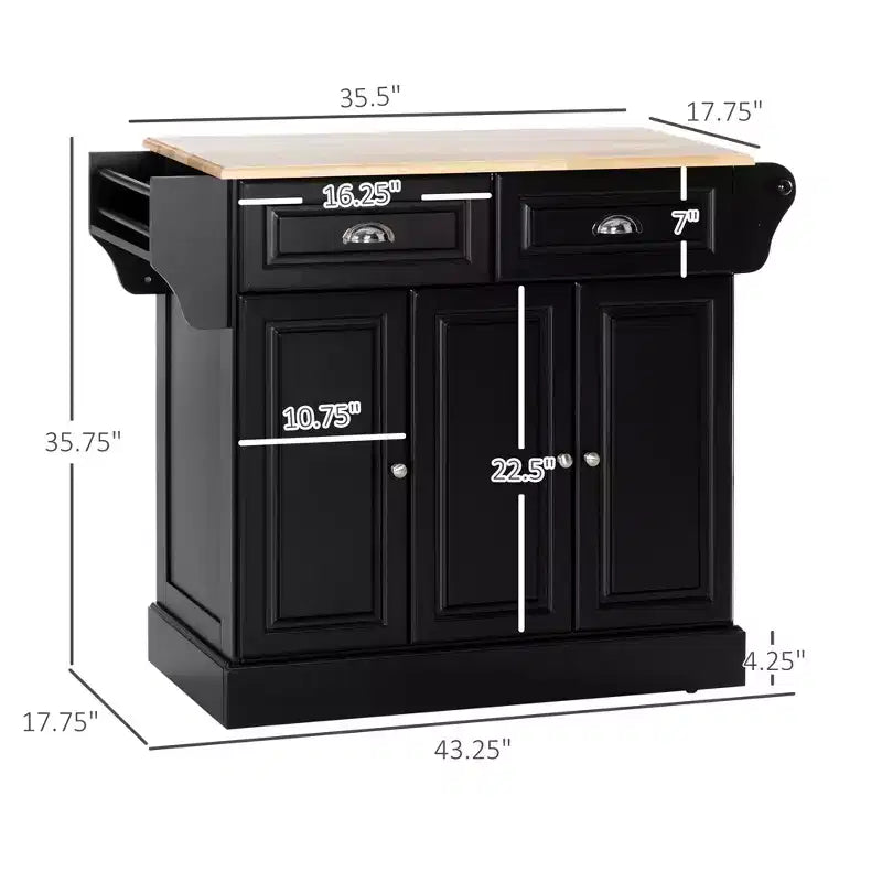Black Wood 17.8 in. Kitchen Cart with 3 Cabinet and 2 Drawers