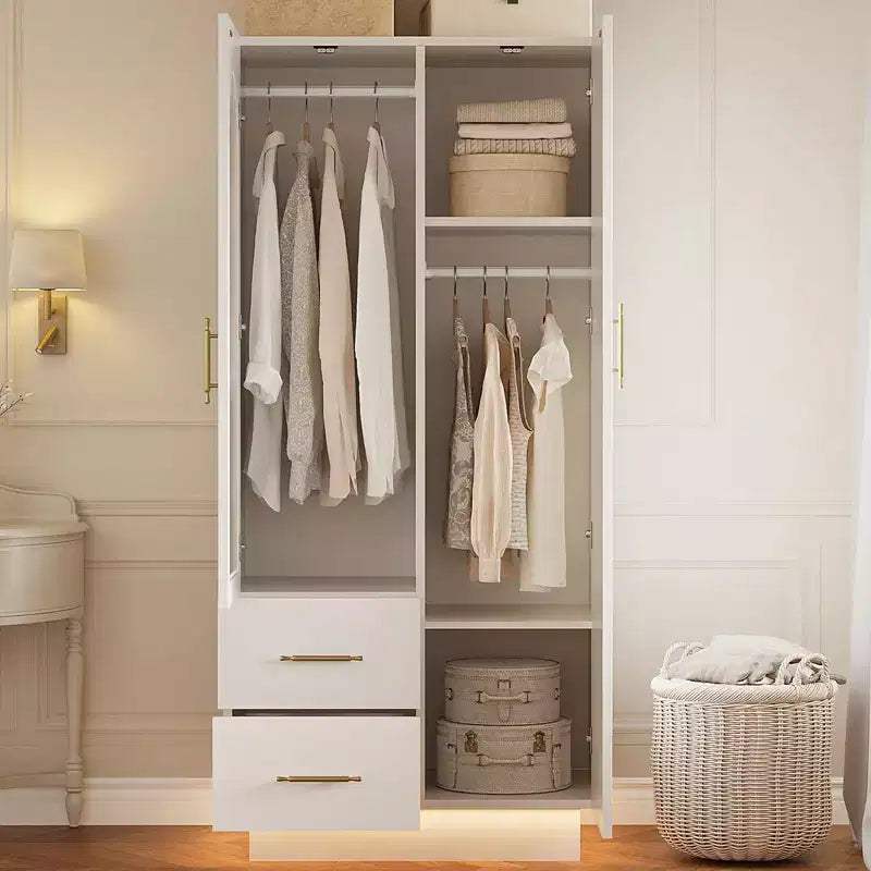 Bedroom Wardrobe , 71 Tall Wooden Large Storage Cabinet with Modern Glass & Shelves, w/Hanging