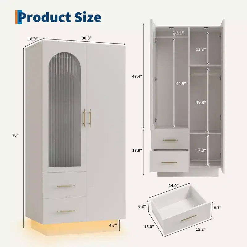 Bedroom Wardrobe , 71 Tall Wooden Large Storage Cabinet with Modern Glass & Shelves, w/Hanging