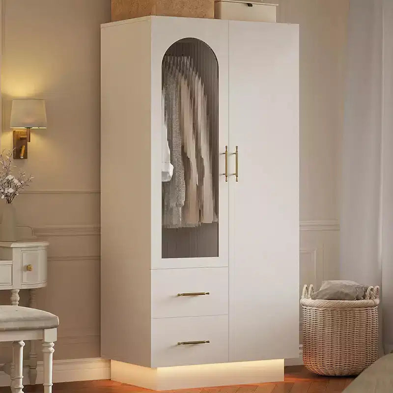 Bedroom Wardrobe , 71 Tall Wooden Large Storage Cabinet with Modern Glass & Shelves, w/Hanging