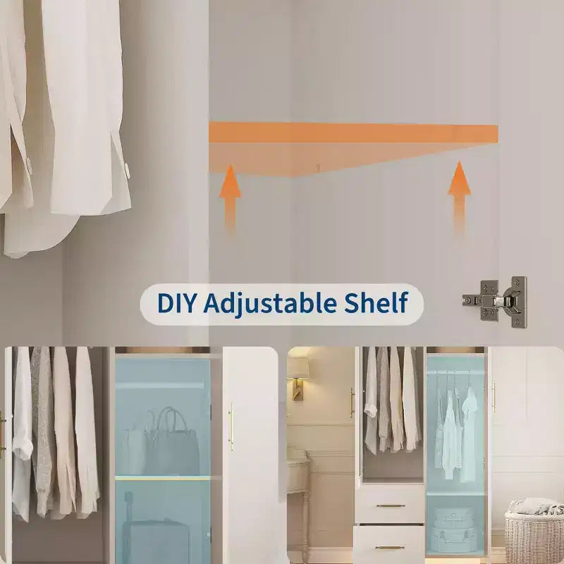 Bedroom Wardrobe , 71 Tall Wooden Large Storage Cabinet with Modern Glass & Shelves, w/Hanging
