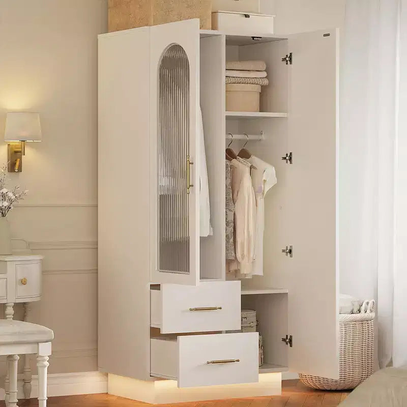Bedroom Wardrobe , 71 Tall Wooden Large Storage Cabinet with Modern Glass & Shelves, w/Hanging