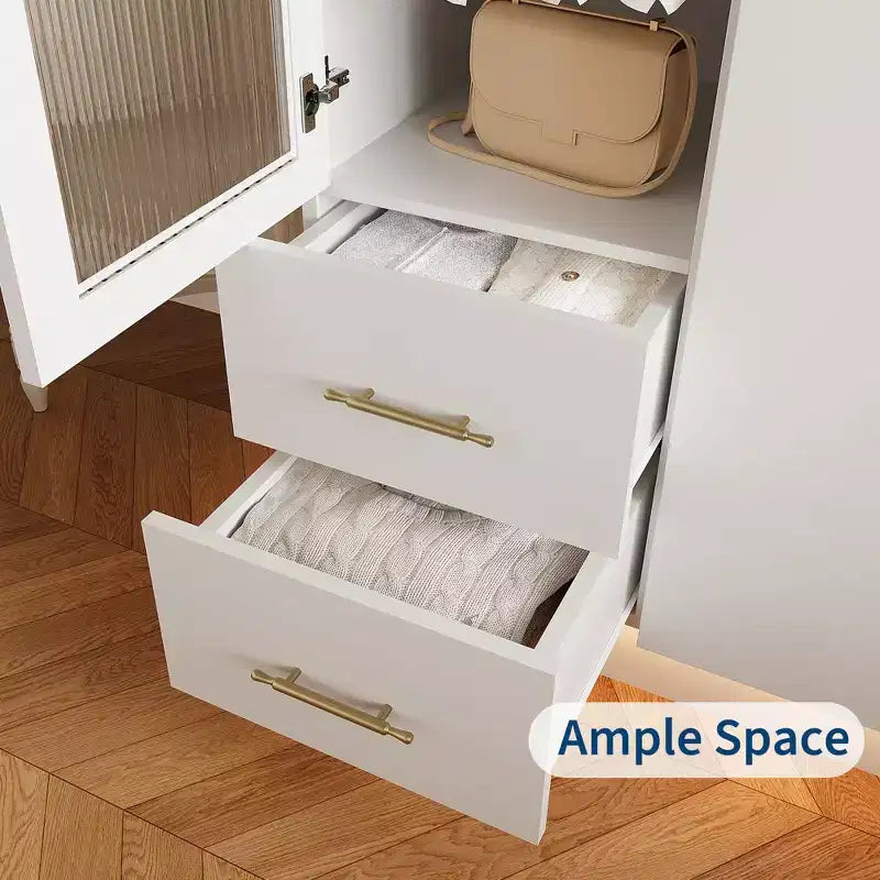 Bedroom Wardrobe , 71 Tall Wooden Large Storage Cabinet with Modern Glass & Shelves, w/Hanging