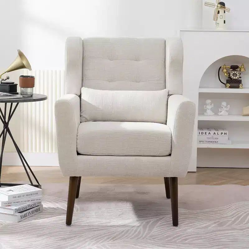 Modern Accent Chair, Upholstered High Reading Chair with Fabric and Wood Legs, Avocado Armchair for Living Room Bedroom