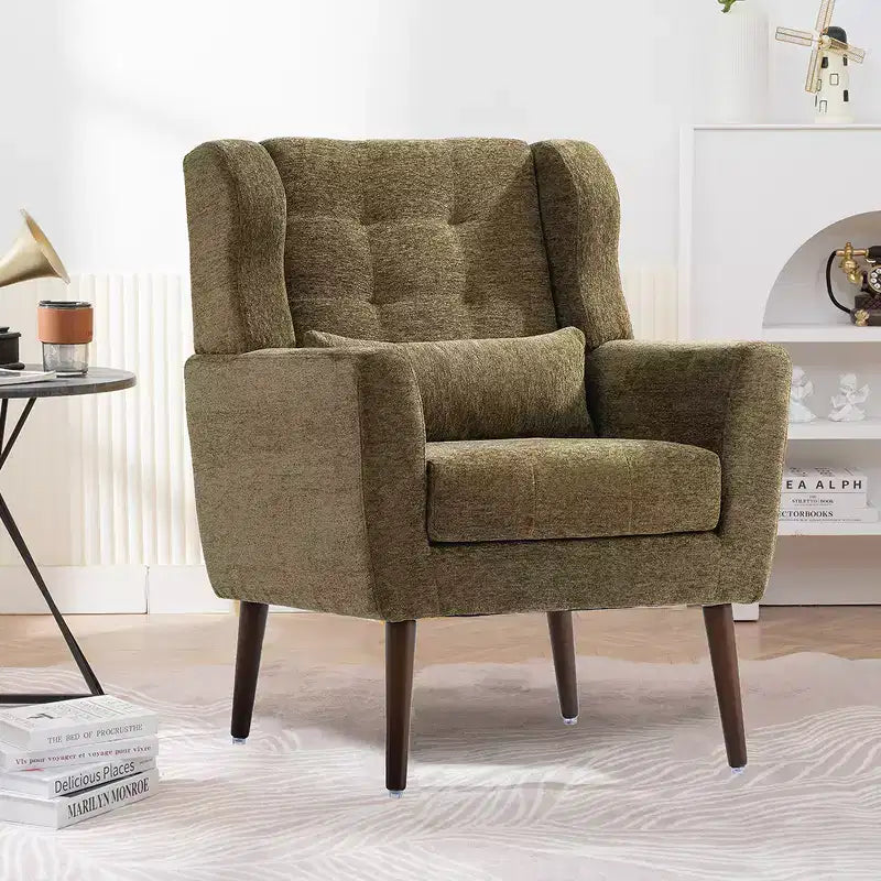 Modern Accent Chair, Upholstered High Reading Chair with Fabric and Wood Legs, Avocado Armchair for Living Room Bedroom
