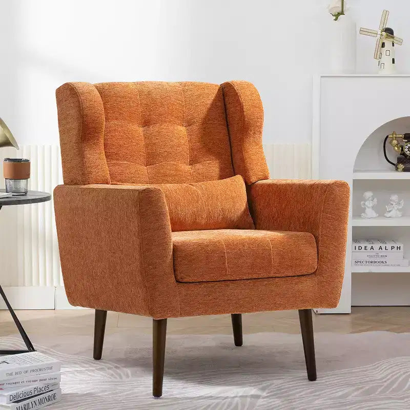 Modern Accent Chair, Upholstered High Reading Chair with Fabric and Wood Legs, Avocado Armchair for Living Room Bedroom