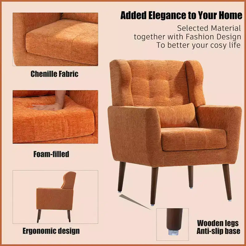 Modern Accent Chair, Upholstered High Reading Chair with Fabric and Wood Legs, Avocado Armchair for Living Room Bedroom