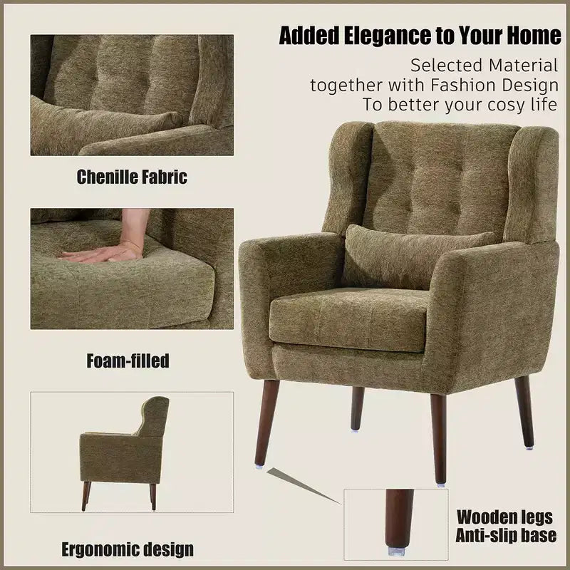 Modern Accent Chair, Upholstered High Reading Chair with Fabric and Wood Legs, Avocado Armchair for Living Room Bedroom