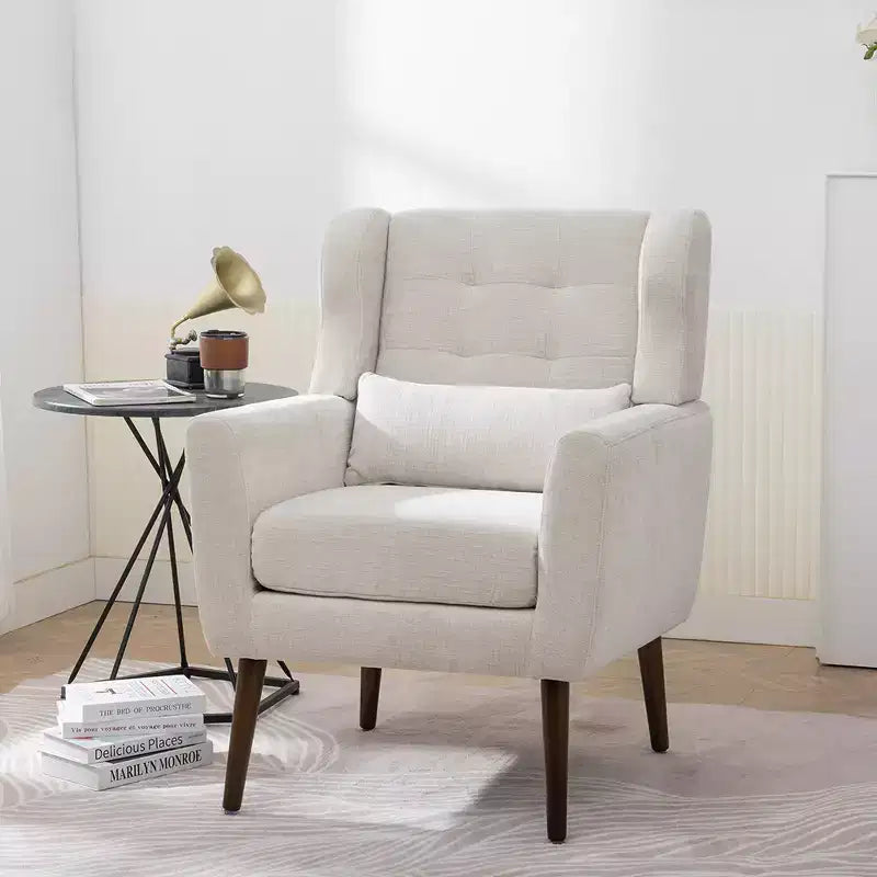 Modern Accent Chair, Upholstered High Reading Chair with Fabric and Wood Legs, Avocado Armchair for Living Room Bedroom