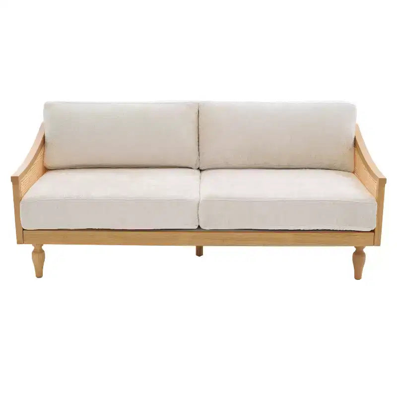 70.9" Modern 2-Seater Rubberwood Upholstered Sofa with Rattan Armrests