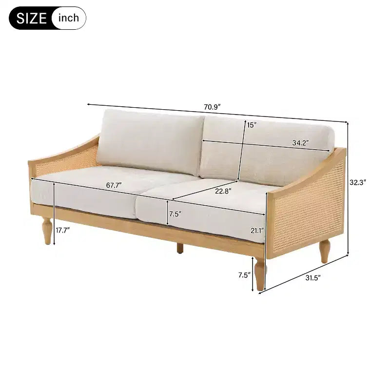 70.9" Modern 2-Seater Rubberwood Upholstered Sofa with Rattan Armrests