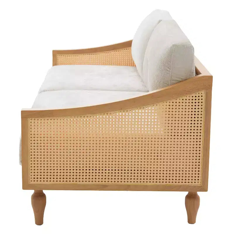 70.9" Modern 2-Seater Rubberwood Upholstered Sofa with Rattan Armrests