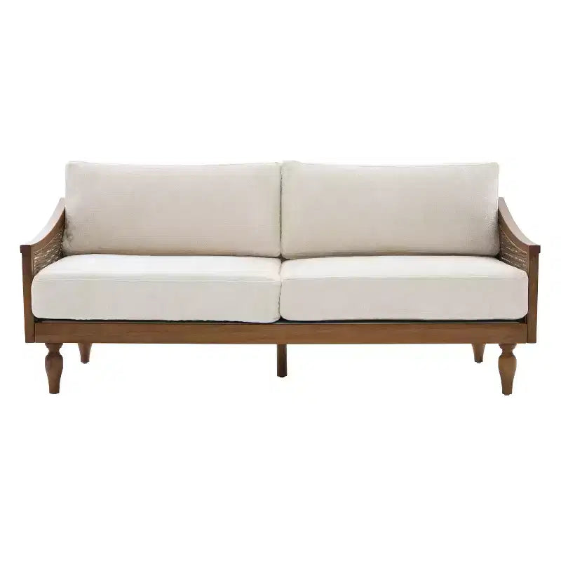70.9" Modern 2-Seater Rubberwood Upholstered Sofa with Rattan Armrests