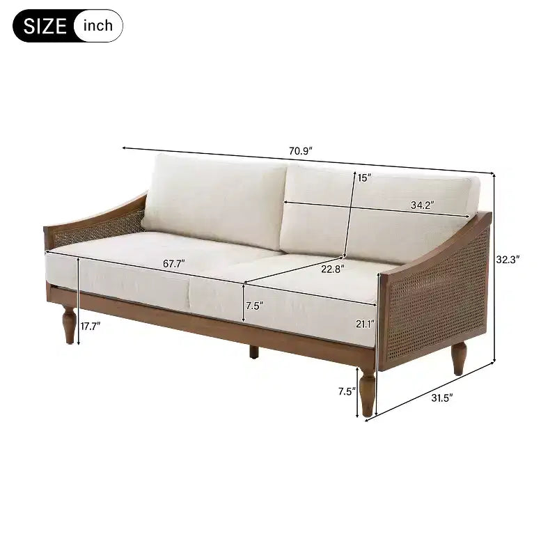 70.9" Modern 2-Seater Rubberwood Upholstered Sofa with Rattan Armrests