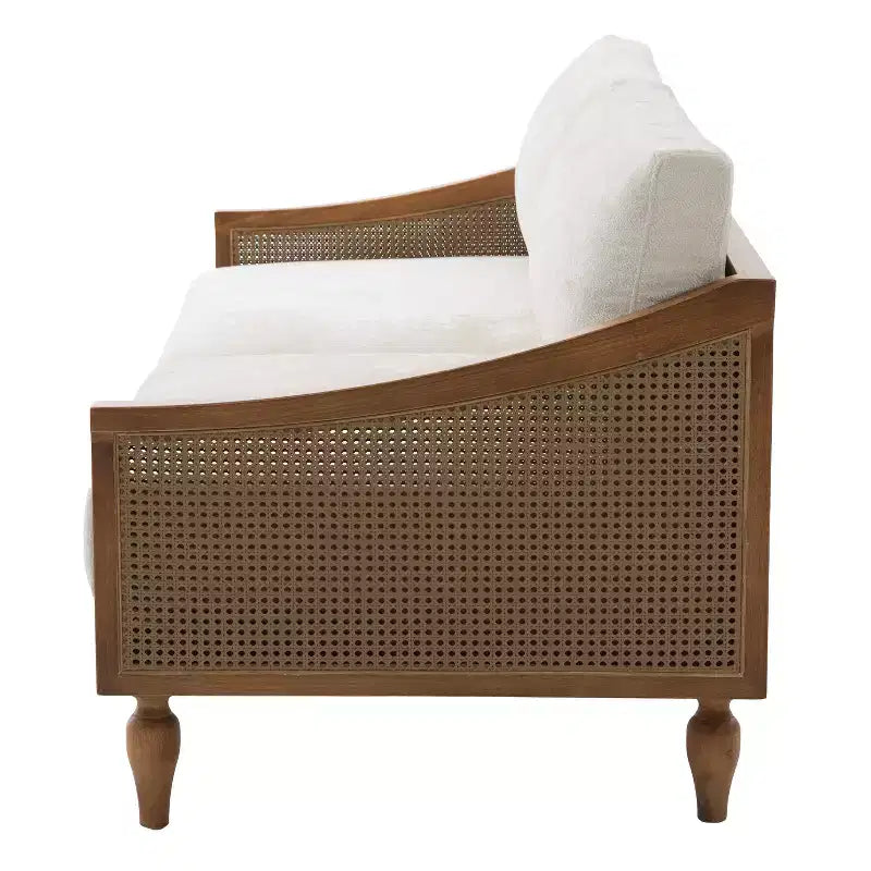 70.9" Modern 2-Seater Rubberwood Upholstered Sofa with Rattan Armrests