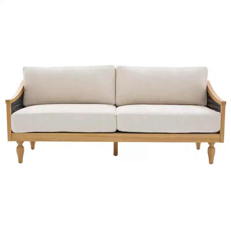 70.9" Modern 2-Seater Rubberwood Upholstered Sofa with Rattan Armrests