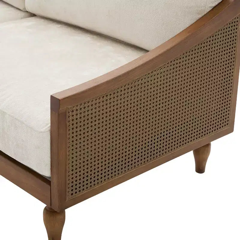 70.9" Modern 2-Seater Rubberwood Upholstered Sofa with Rattan Armrests