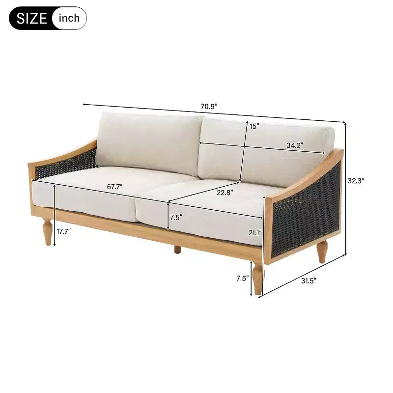 70.9" Modern 2-Seater Rubberwood Upholstered Sofa with Rattan Armrests