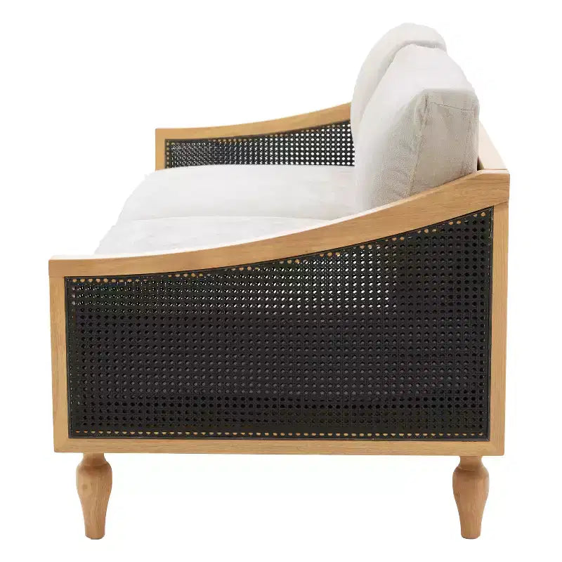 70.9" Modern 2-Seater Rubberwood Upholstered Sofa with Rattan Armrests