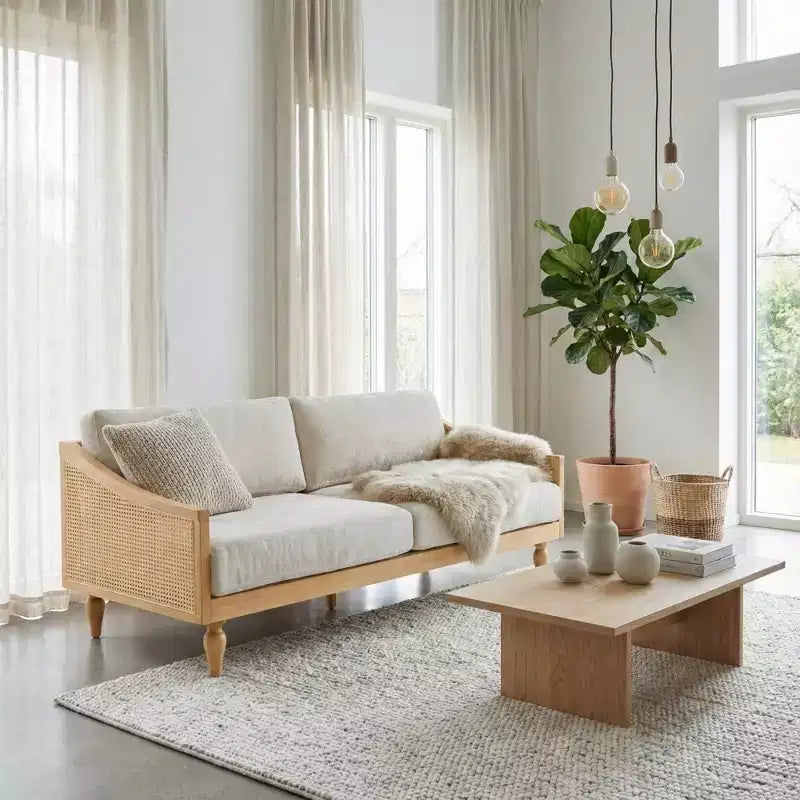 70.9" Modern 2-Seater Rubberwood Upholstered Sofa with Rattan Armrests