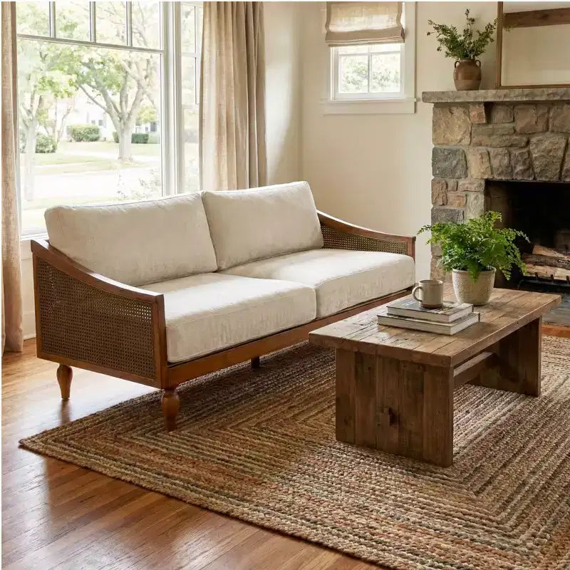 70.9" Modern 2-Seater Rubberwood Upholstered Sofa with Rattan Armrests