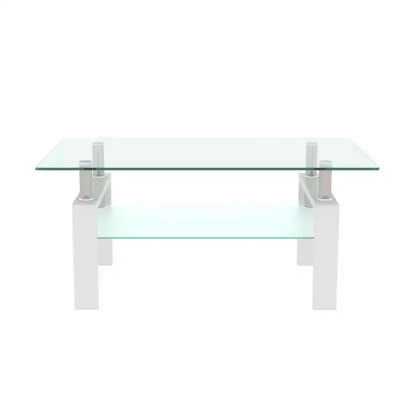 Rectangle Glass Coffee Table, Coffee Table with Double Storage Space, Metal Tube, Mid Century Modern End Table for Living Room