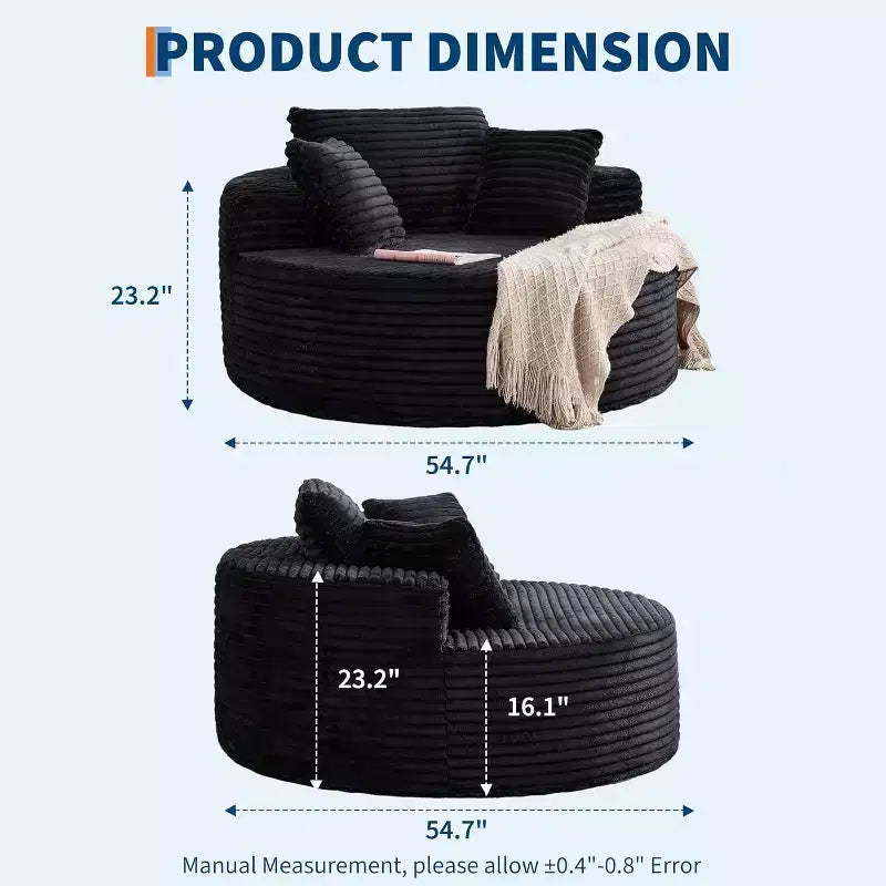 Round Chaise Chair, Indoor 55x55 Inch Modern Couch Single Sofa with 4 Pillows, Deep Seat for Home Office