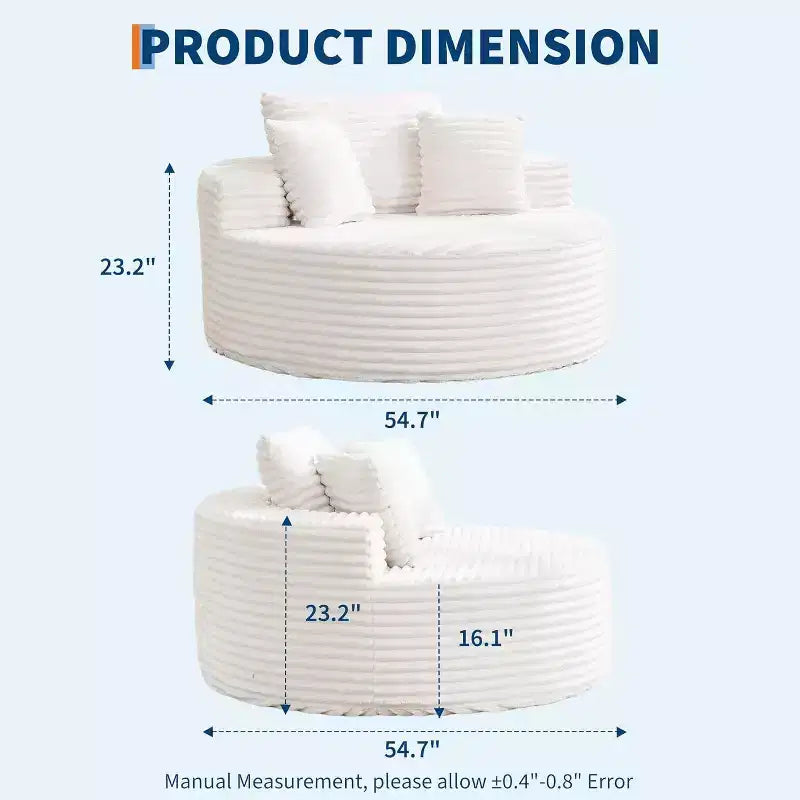 Round Chaise Chair, Indoor 55x55 Inch Modern Couch Single Sofa with 4 Pillows, Deep Seat for Home Office