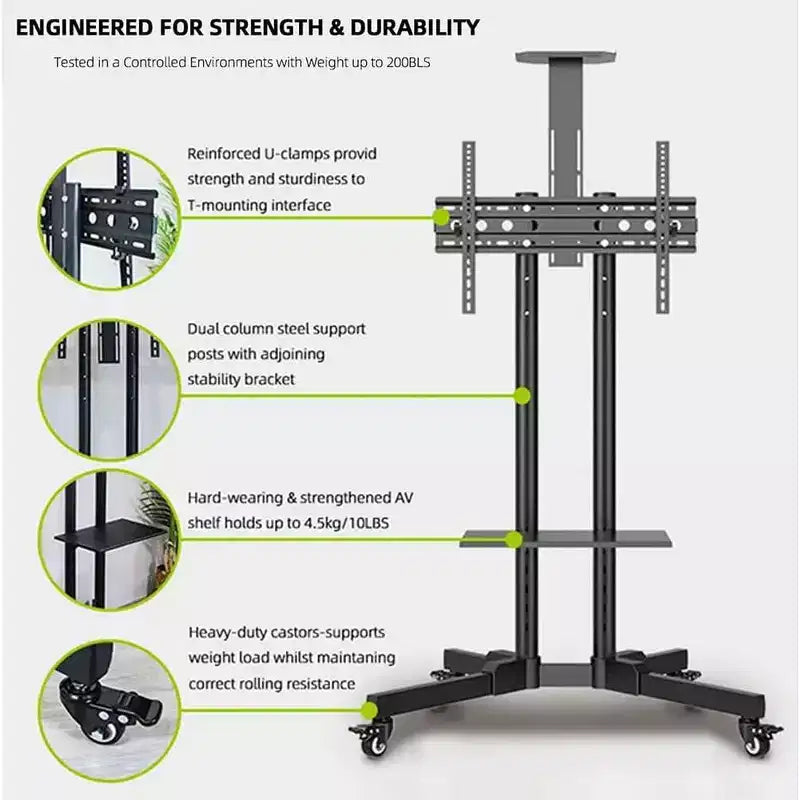 Rolling Cart Stand for 32-65 Inch Screens, Mobile Adjustable Stand with Wheels, Home Office, Black