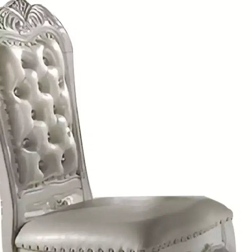 Chaise de salle à manger 25" Tissu et finition blanche : Revêtement en cuir, structure en bois, accoudoir, nettoyage localisé