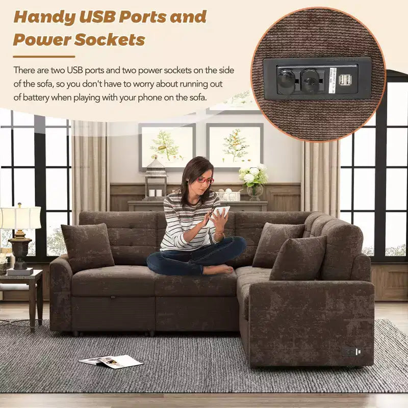 82.6W Sofa Bed with Wheels, Pull-out Sleeper Sofa with and Sockets