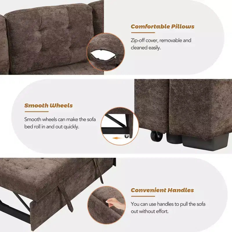 82.6W Sofa Bed with Wheels, Pull-out Sleeper Sofa with and Sockets