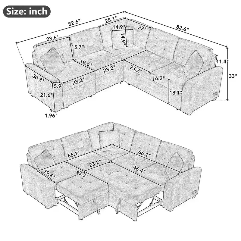 82.6W Sofa Bed with Wheels, Pull-out Sleeper Sofa with and Sockets