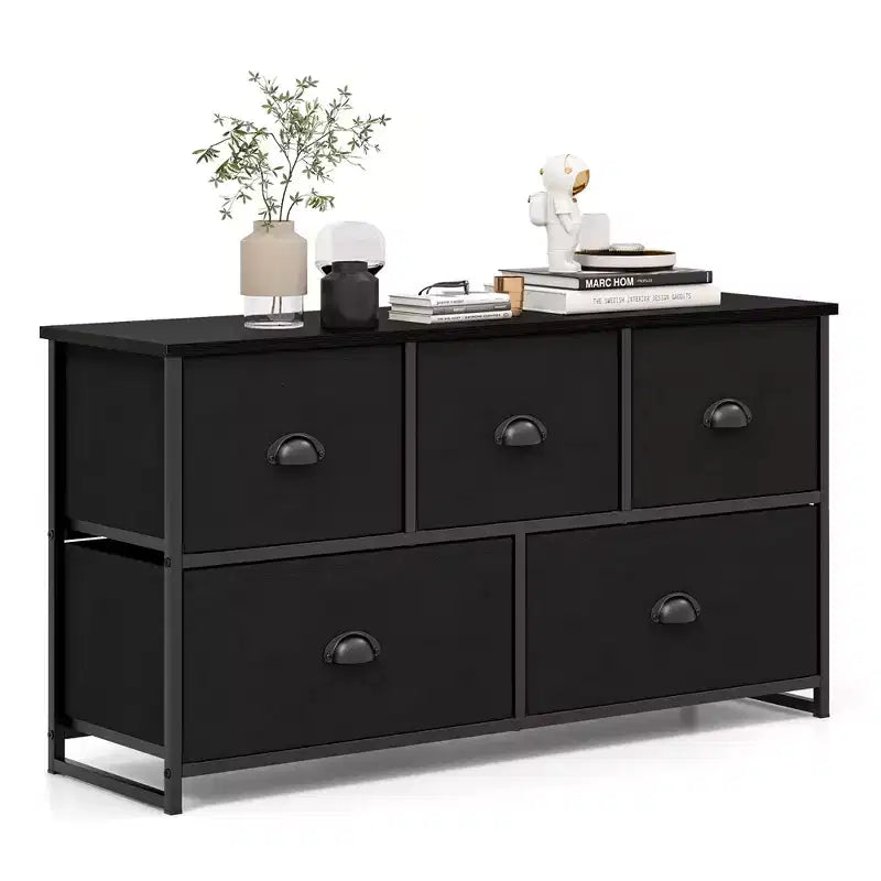 Fabric Dresser Storage Side Table w/ 5 Drawers Metal Frame Table
