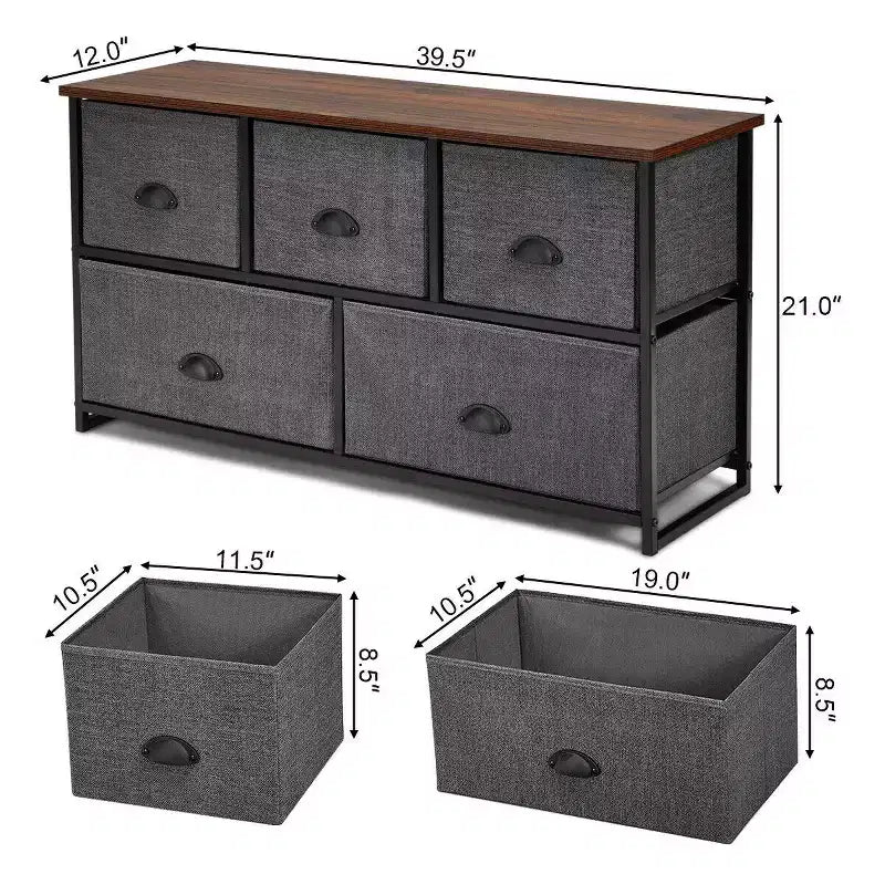 Fabric Dresser Storage Side Table w/ 5 Drawers Metal Frame Table
