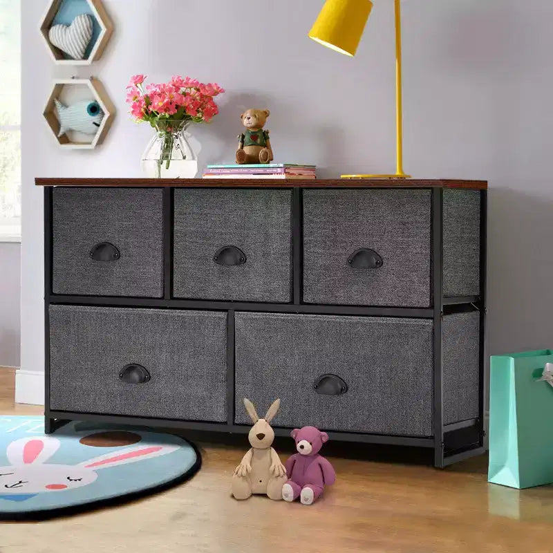 Fabric Dresser Storage Side Table w/ 5 Drawers Metal Frame Table