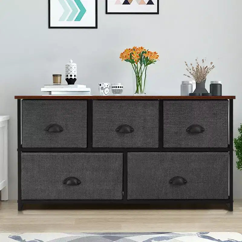 Fabric Dresser Storage Side Table w/ 5 Drawers Metal Frame Table