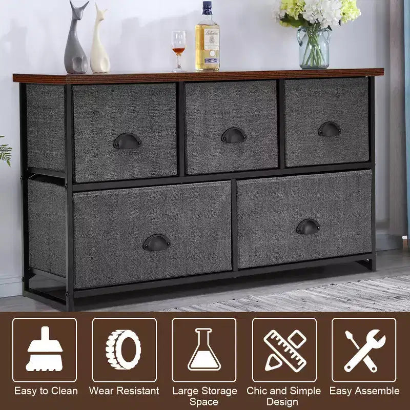 Fabric Dresser Storage Side Table w/ 5 Drawers Metal Frame Table