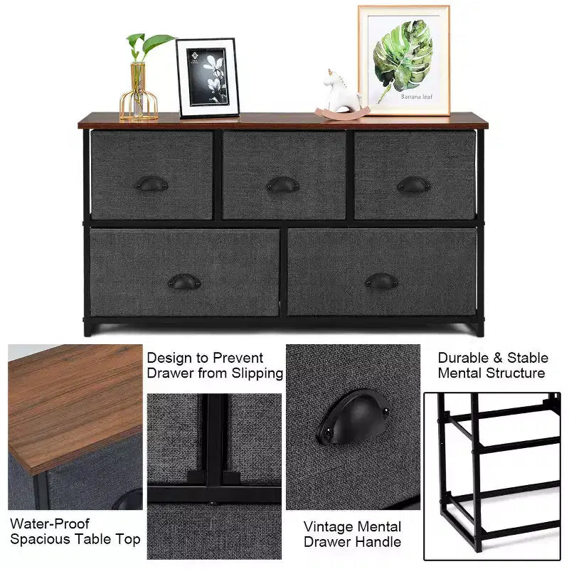 Fabric Dresser Storage Side Table w/ 5 Drawers Metal Frame Table