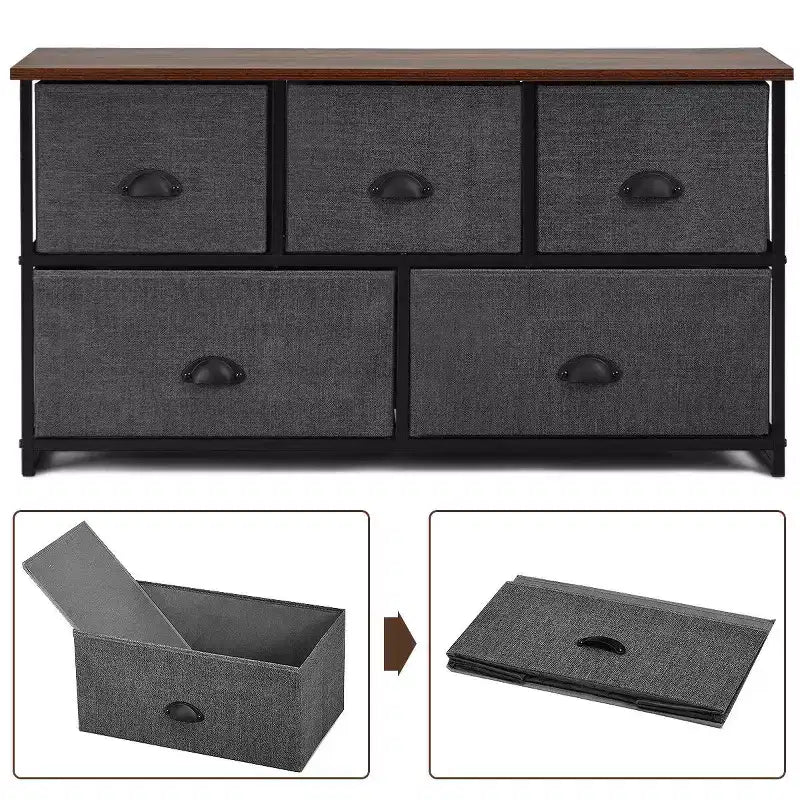 Fabric Dresser Storage Side Table w/ 5 Drawers Metal Frame Table