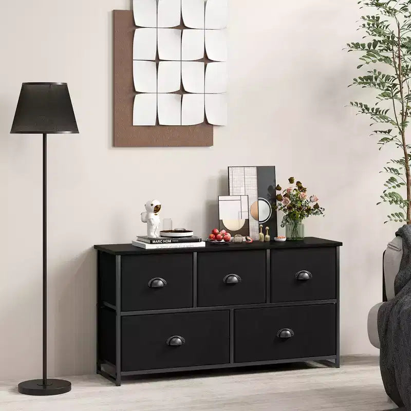 Fabric Dresser Storage Side Table w/ 5 Drawers Metal Frame Table
