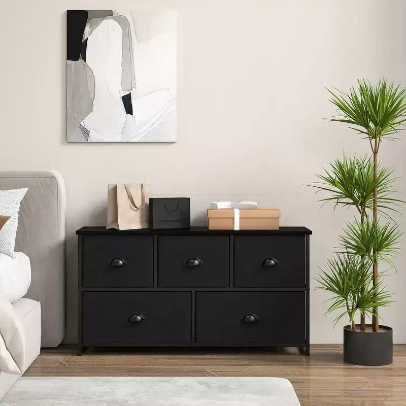 Fabric Dresser Storage Side Table w/ 5 Drawers Metal Frame Table