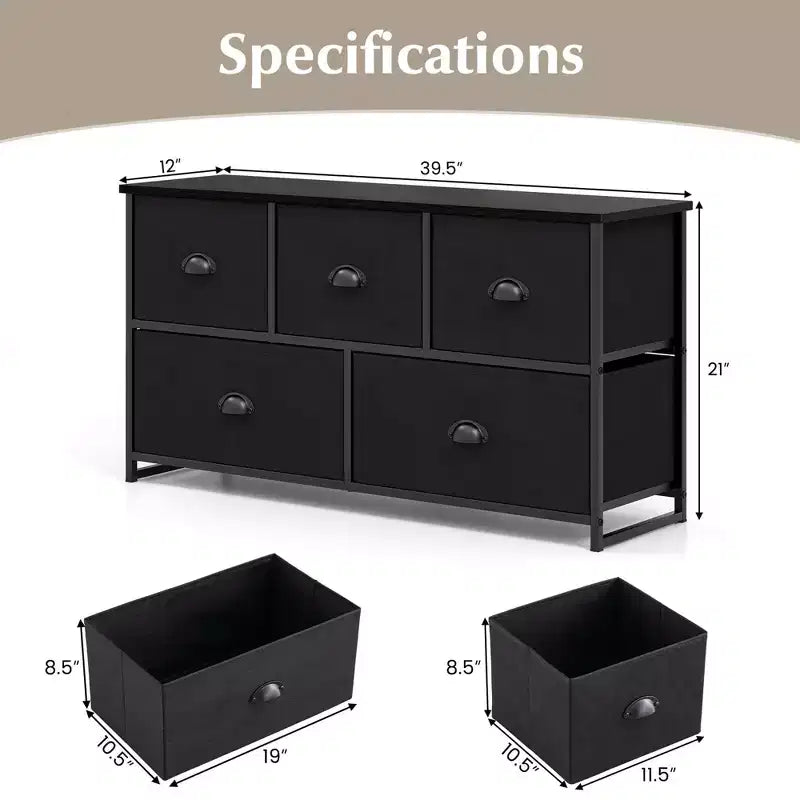 Fabric Dresser Storage Side Table w/ 5 Drawers Metal Frame Table