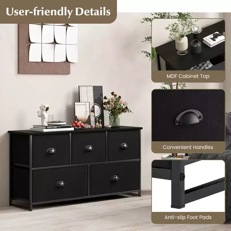 Fabric Dresser Storage Side Table w/ 5 Drawers Metal Frame Table