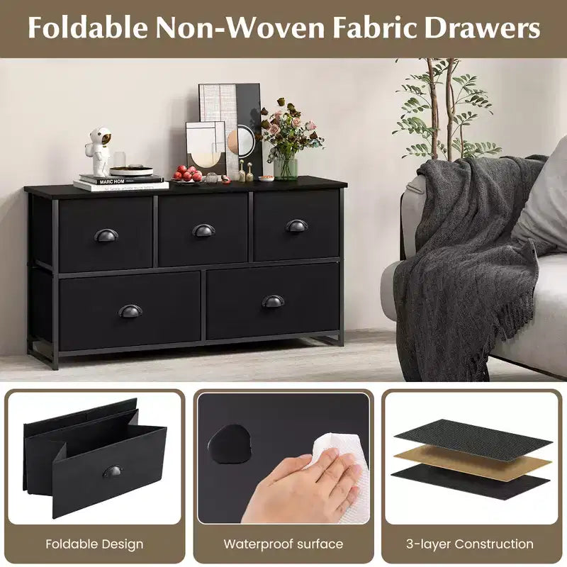 Fabric Dresser Storage Side Table w/ 5 Drawers Metal Frame Table